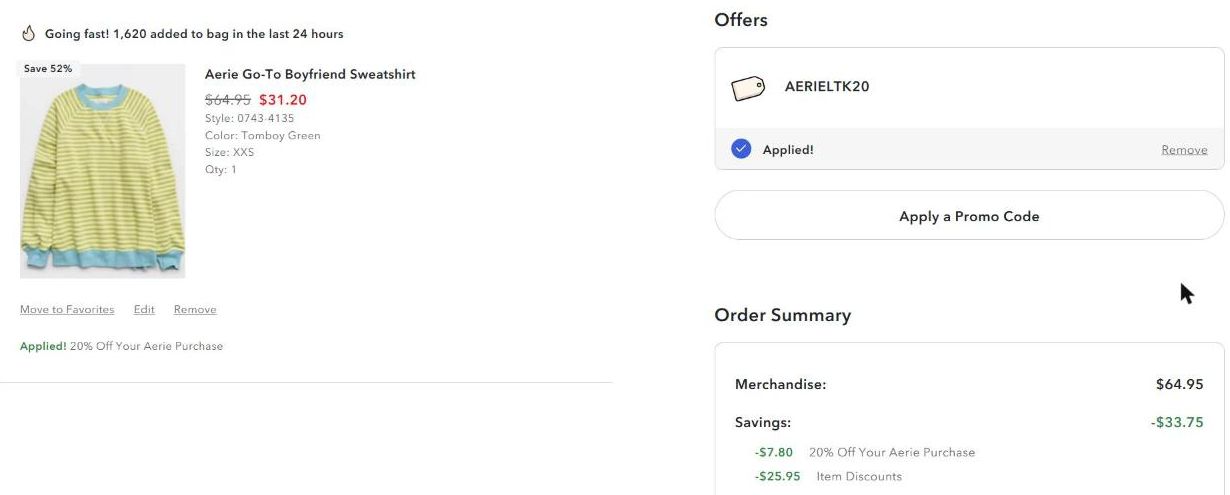 Aerie US cart showing code AERIELTK20 applied: sweatshirt $45.00 down to $31.20 ($13.80, 31% off), 26 October 2026