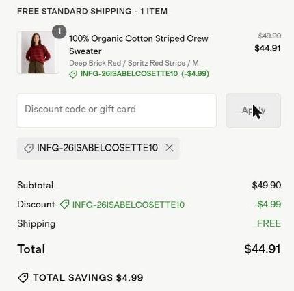 Quince US checkout showing code INFG-26ISABELCOSETTE10 applied: $4.99 off a $49.90 sweater, 26 October 2026